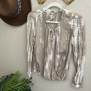 Knox Rose Taupe Ivory Tie Dye Wrap Draped Blouse Boho Lightweight Top Shirt